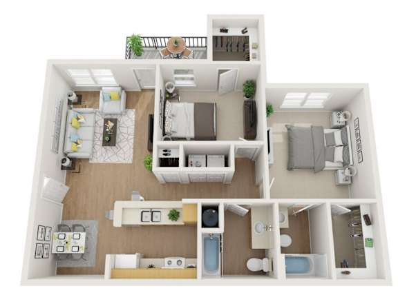 A 3D floor plan of a small apartment with a kitchen, living room, and bathroom.