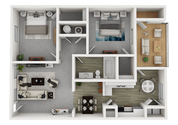 A 3D floor plan of a small apartment with a kitchen, living room, and bedroom.