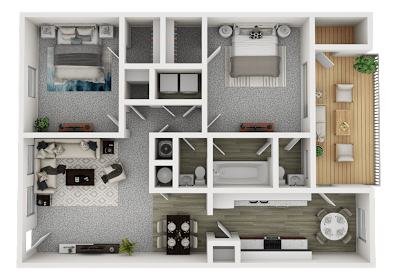 A top-down view of a small apartment layout with a bedroom, living room, kitchen, and bathroom.