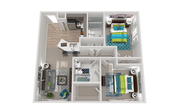 A 3D floor plan of a small apartment with a kitchen, living room, and bedrooms.
