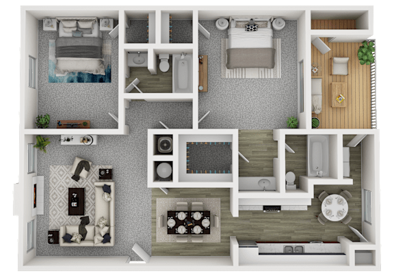 A 3D floor plan of a small apartment with a kitchen, living room, and bathroom.