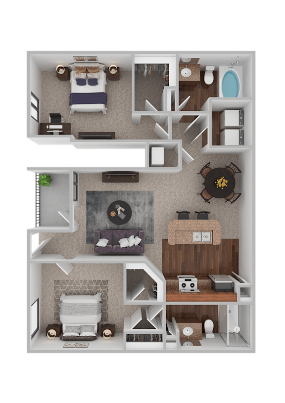 A top-down view of a small apartment with a bedroom, living room, and kitchen.