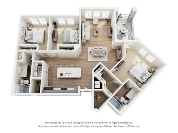 A 3D Floorplan of an apartment at Lofts at Seacrest Beach.
