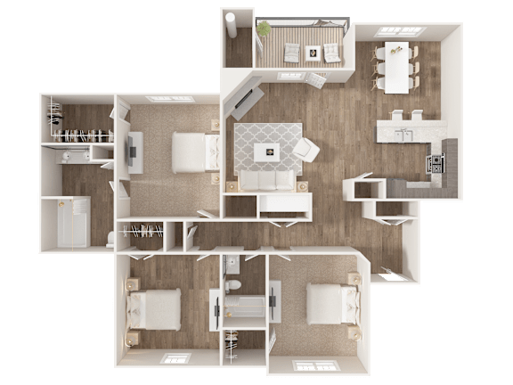 A top-down view of a house layout with a kitchen, living room, and two bedrooms.