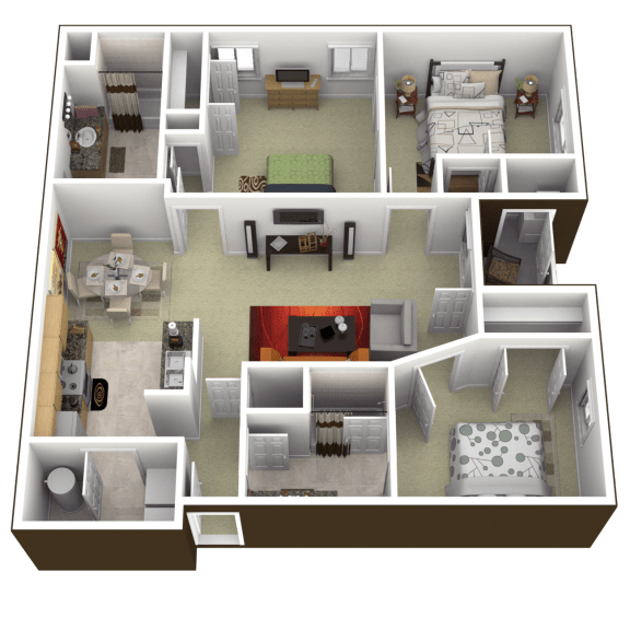 a 3d rendering of a floor plan with bedrooms and a living room