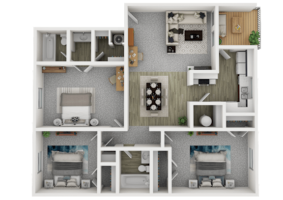A 3D floor plan of a house with a kitchen, living room, and two bedrooms.