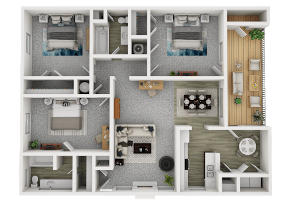 A 3D floor plan of a small apartment with two bedrooms, a living room, a kitchen, and a bathroom.