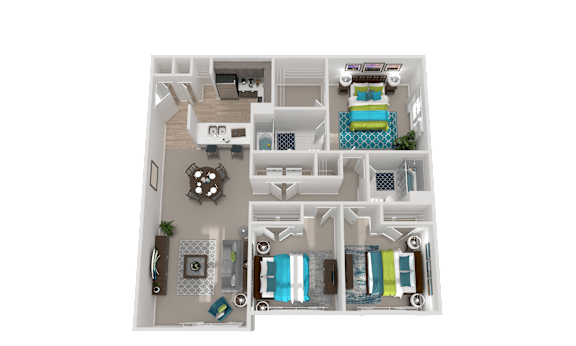 A 3D model of a house layout with a living room, kitchen, and two bedrooms.