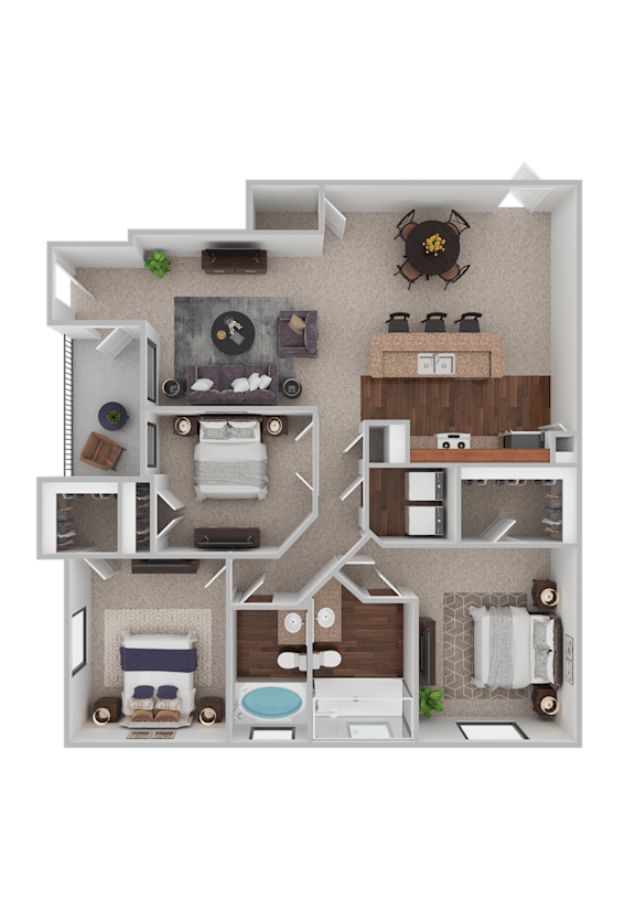 A 3D rendered image of a house layout.