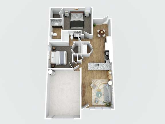 A top down view of a small apartment with a kitchen, living room, and bedroom.