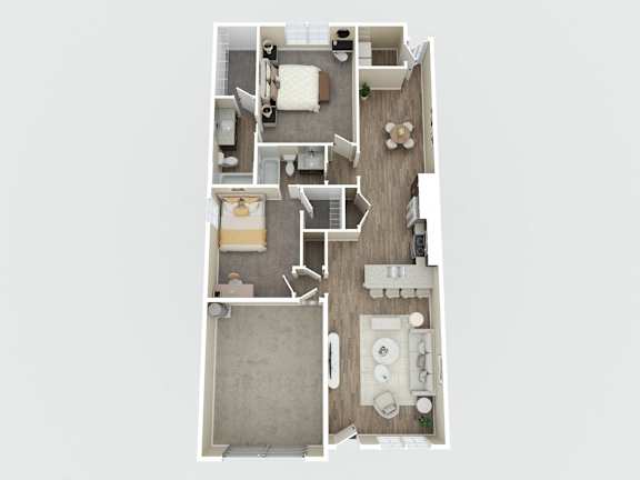 A top down view of a small apartment with a kitchen, living room, and bathroom.