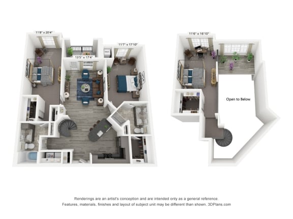 The Ace is a loft-style 2 bedroom, 2 bathroom floor plan at 8 West in Greensboro, NC