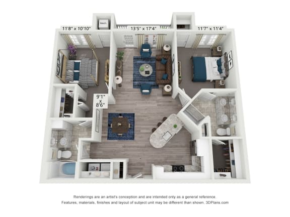 The Piedmont is a 2 bedroom, 2 bathroom floor plan at 8 West in Greensboro, NC