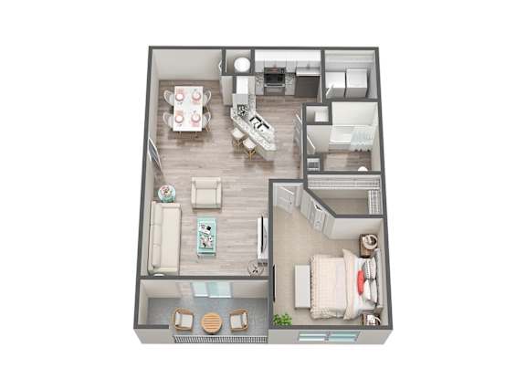 A top-down view of a small apartment with a kitchen, living room, and bedroom.