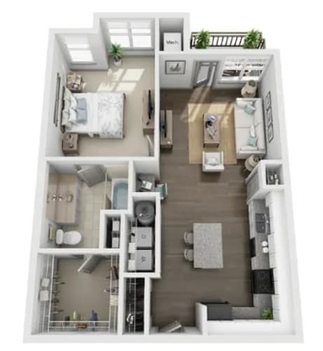 a bedroom with a bed and a dresser in a small room