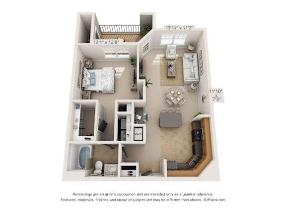 A 3D floor plan of a small apartment with a kitchen, living room, and two bedrooms.
