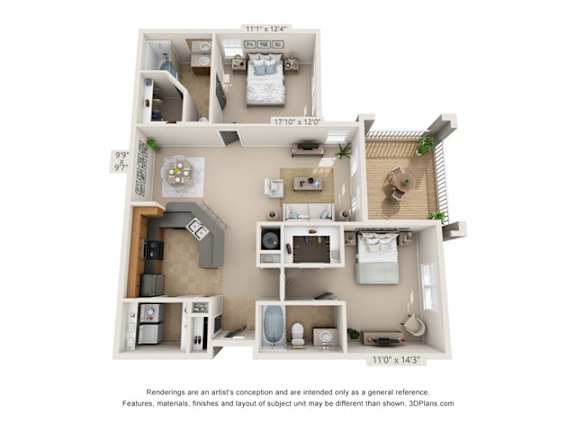A 3D floor plan of a small apartment with a kitchen, living room, and bathroom.