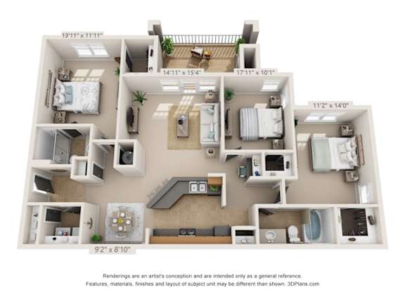 A 3D floor plan of a house with labeled dimensions.