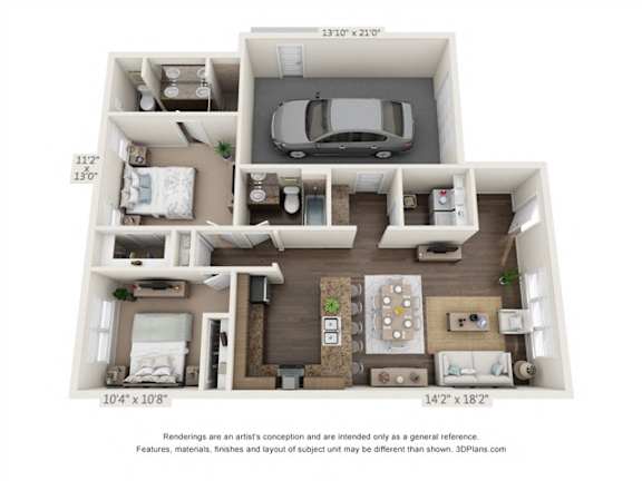 A 3D floor plan of a small apartment with a car parked in the garage.