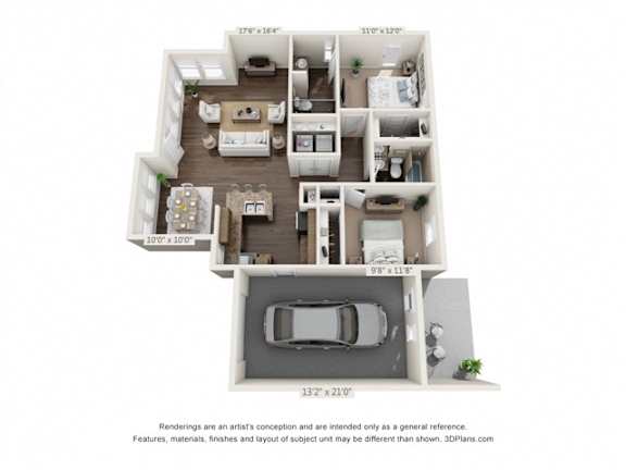 A 3D floor plan of a house with a garage and a car.