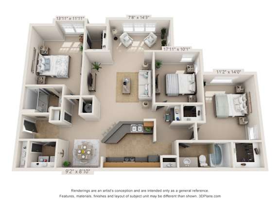 A 3D floor plan of a house with labeled rooms and dimensions.