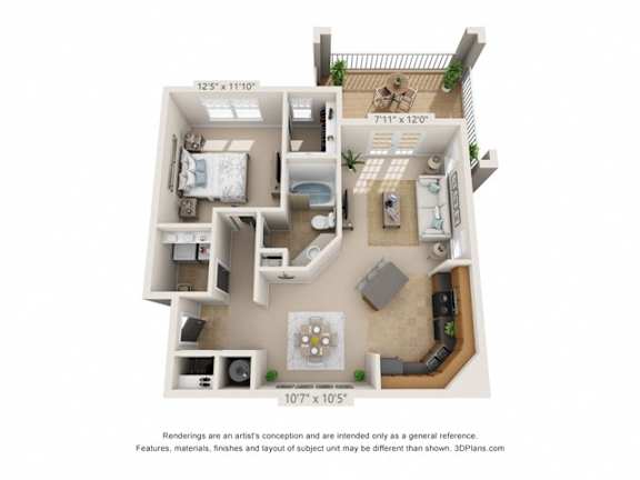 A 3D floor plan of a small apartment with a kitchen, living room, and bedroom.