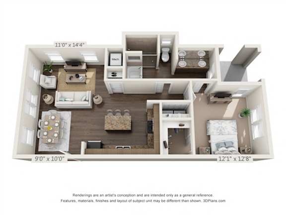 A floor plan of a small apartment with a kitchen, living room, and bedroom.
