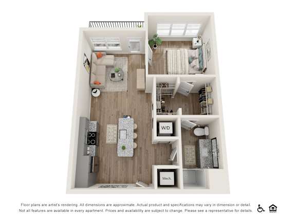 One bedroom floor plan with luxury vinyl throughout and hard surface countertops