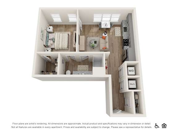 One bedroom floor plan with luxury vinyl throughout and hard surface countertops