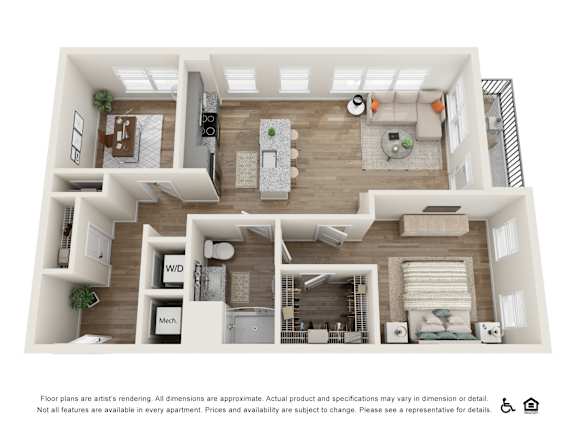 A floor plan of an apartment with a kitchen, living room, and bedrooms.