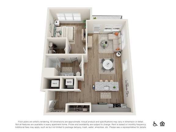A floor plan of a small apartment with a kitchen, living room, and bathroom.