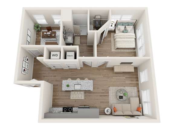 A top-down view of a modern apartment layout with labeled sections for the kitchen, living room, and bedrooms.