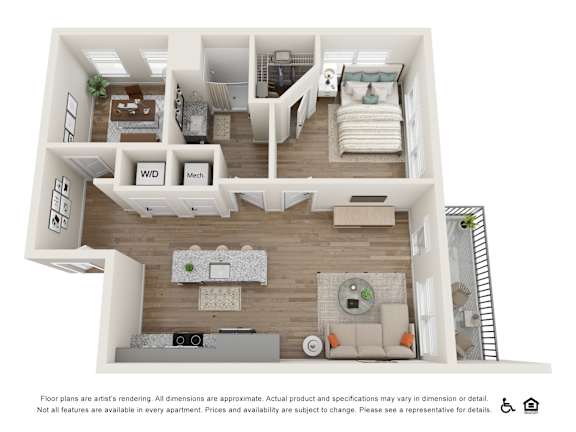 A 3D floor plan of a two-bedroom apartment with a living room, kitchen, and bathroom.