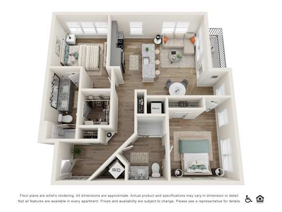 A floor plan of an apartment with a kitchen, living room, and bedrooms.