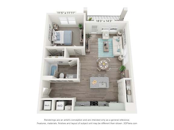 A 3D floor plan of a small apartment with a kitchen, living room, and bedroom.