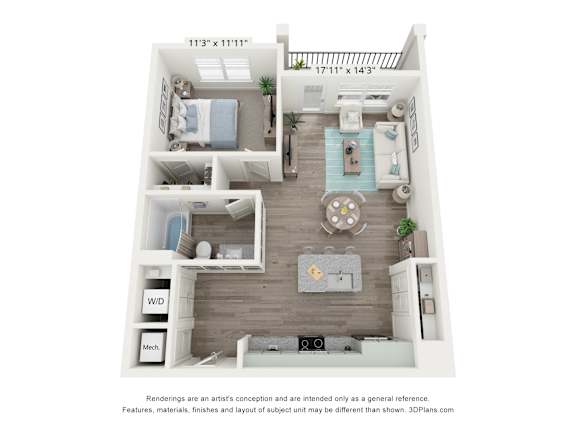 A 3D floor plan of a small apartment with a kitchen, living room, and two bedrooms.