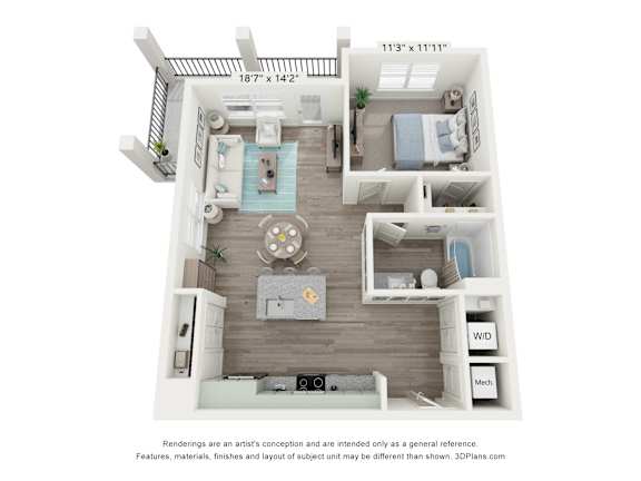 A 3D floor plan of a small apartment with a kitchen, living room, and bedroom.