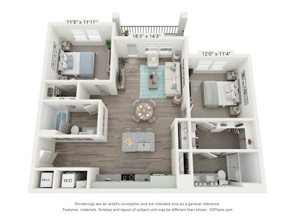 A 3D floor plan of a small apartment with a living room, kitchen, and two bedrooms.