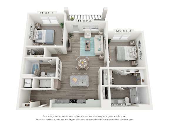 A 3D floor plan of a small apartment with a kitchen, living room, and two bedrooms.