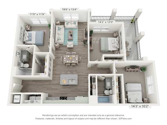 A 3D floor plan of a house with a kitchen, living room, and bathrooms.