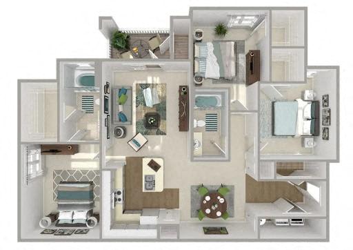 A 3D floor plan of a house with a kitchen, living room, and bathroom.