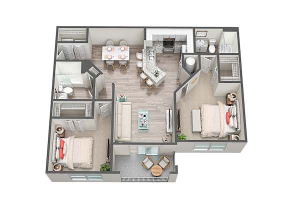 A top-down view of a small apartment layout with a kitchen, living room, and bedroom.