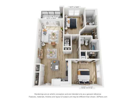 A 3D floor plan of a small apartment with a kitchen, living room, and bedroom.