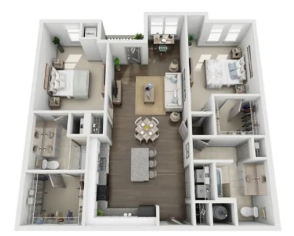 a bedroom with a bed and a dresser a living room with a couch and a chair