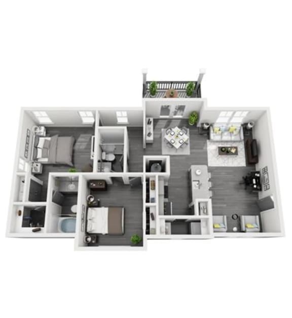 a two bedroom apartment with a bathroom and a balcony