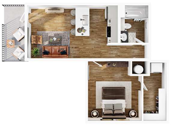 A top-down view of a living room with a fireplace and a couch.