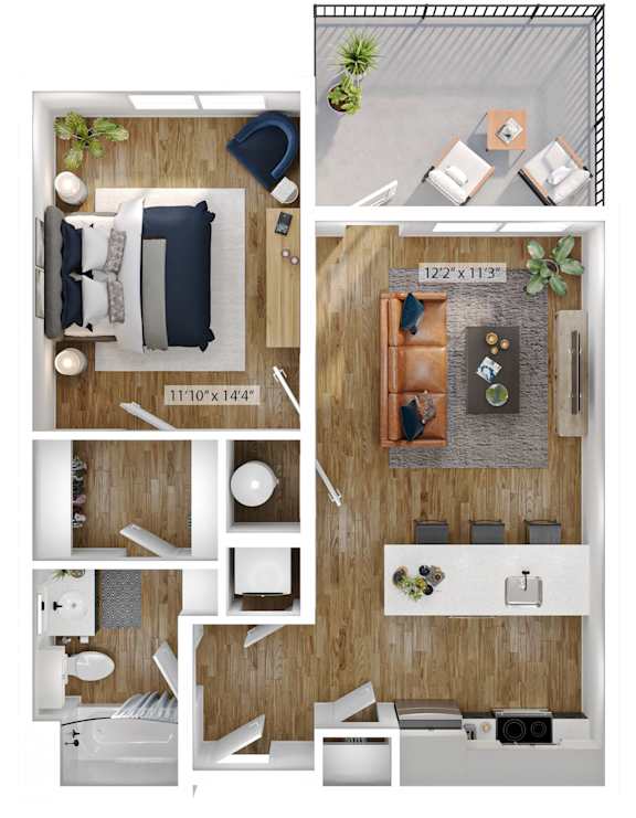 A floor plan of a small apartment with a living room, kitchen, and bathroom.