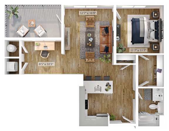 A floor plan of a house with a living room, kitchen, and two bedrooms.
