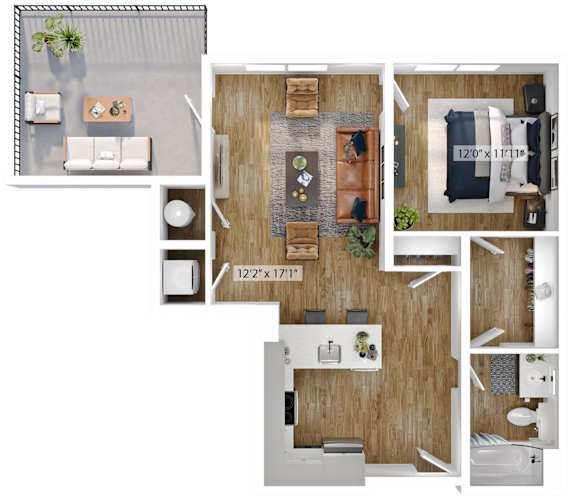 A floor plan of a house with a living room, kitchen, and bathroom.