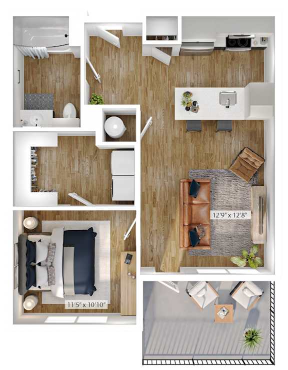 A floor plan of a small apartment with a living room, kitchen, and bathroom.